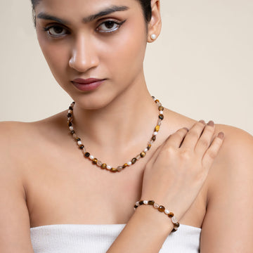 Tiger's Eye and Natural Pink Aventurine with Pearl Necklace