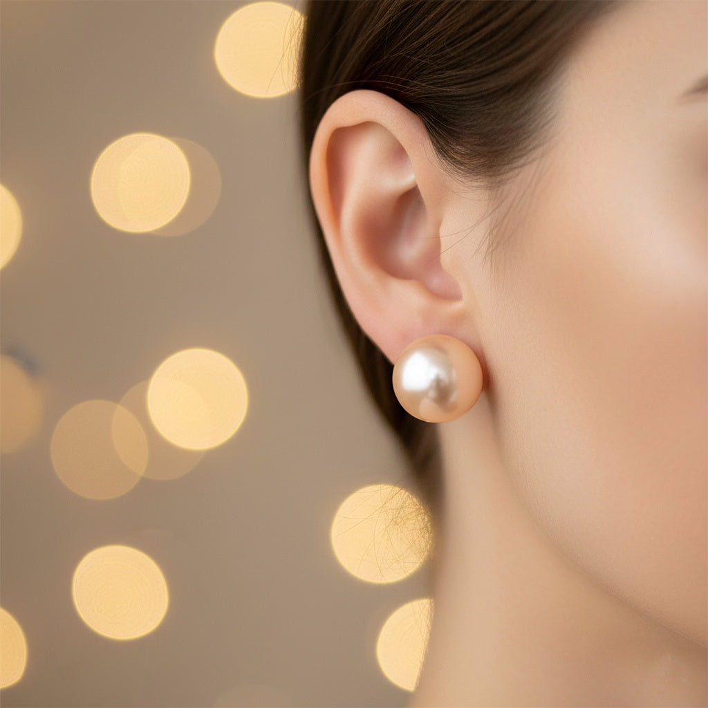 Pearl earring worn by a person with a gold polka dot background