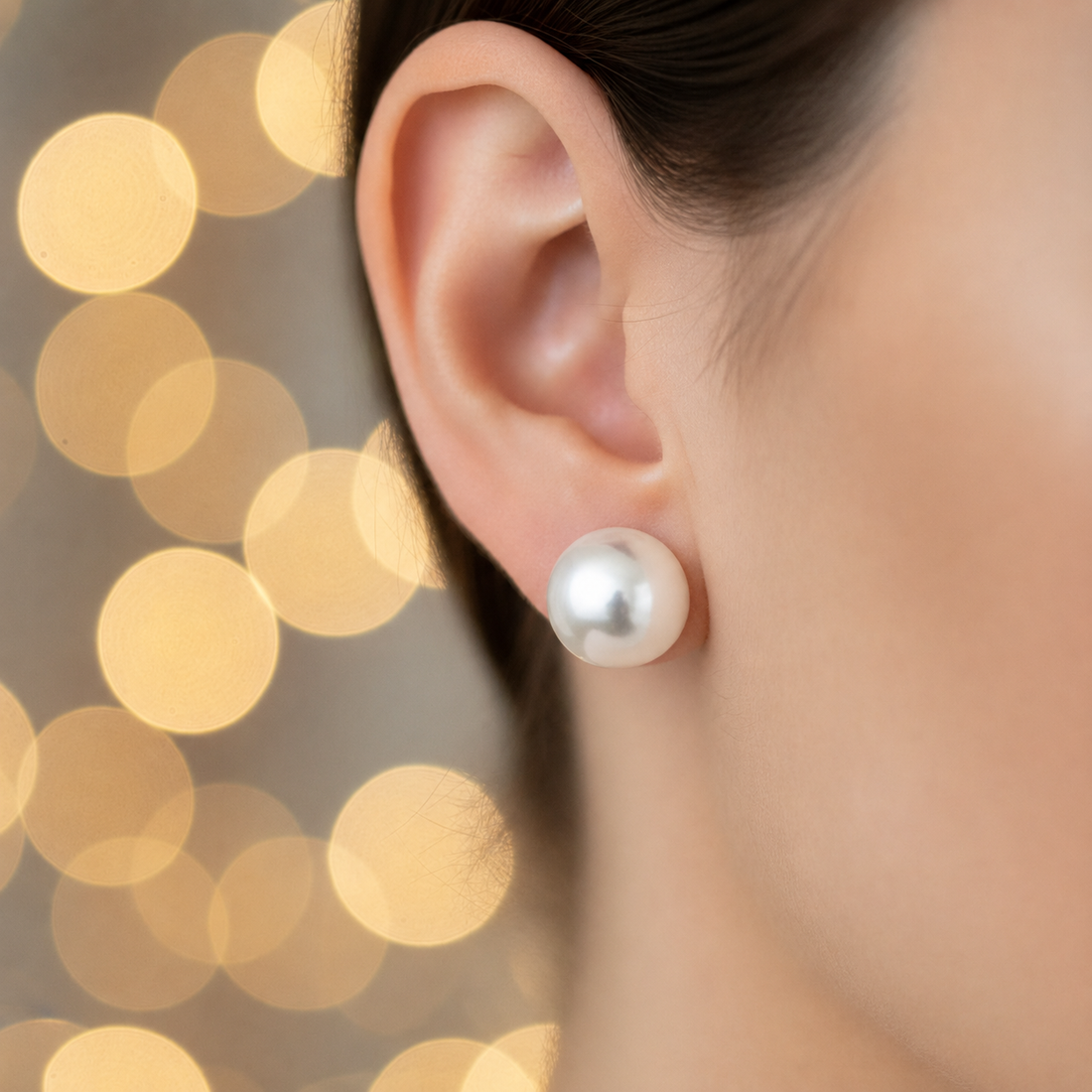 Pair of pearl earrings on a beige background