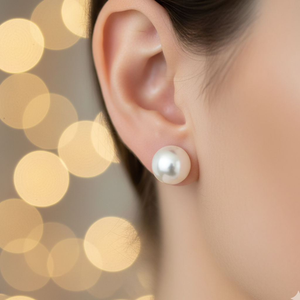 Pearl earring worn by a person with a blurred golden light background