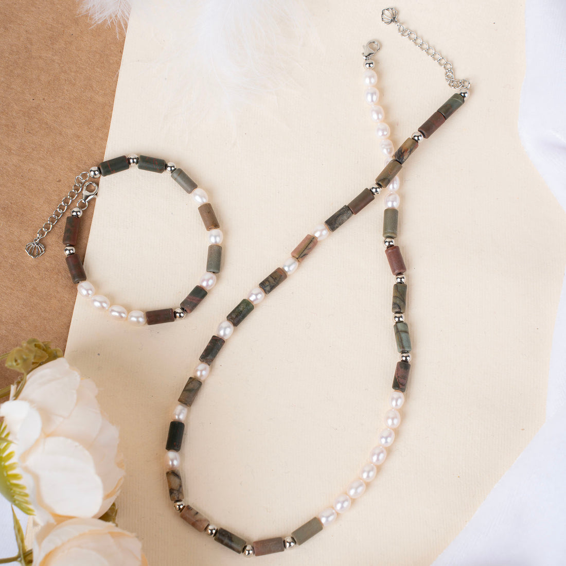 Matt Ocean Jasper Stone Tubes and Silver Beads with Pearl Necklace