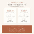 A size guide graphic for a minimal pearl elastic ring by The Pearl Story, showing fit information for Size 10 and Size 15 with circumference and diameter ranges, plus a brown box with measurement instructions.