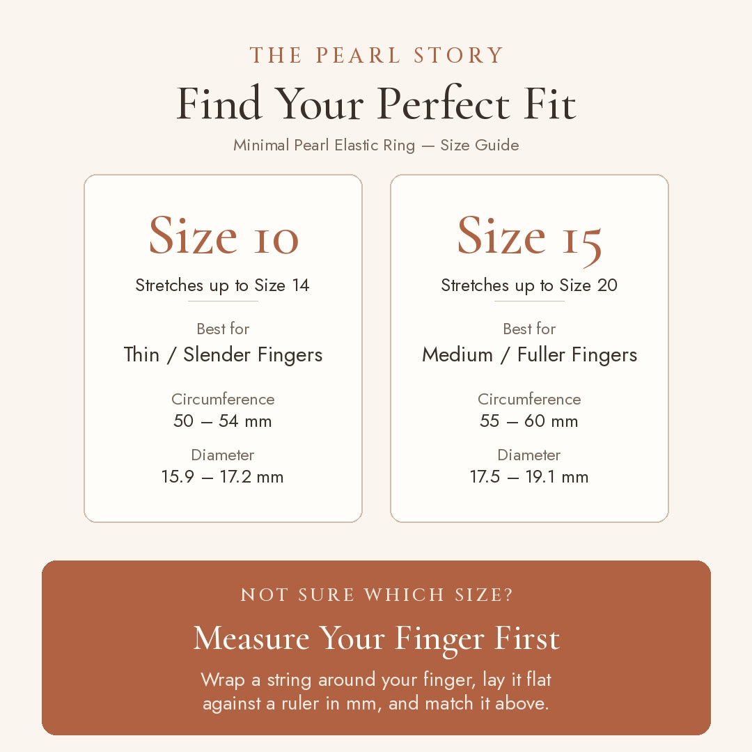 A size guide graphic for a minimal pearl elastic ring by The Pearl Story, showing fit information for Size 10 and Size 15 with circumference and diameter ranges, plus a brown box with measurement instructions.