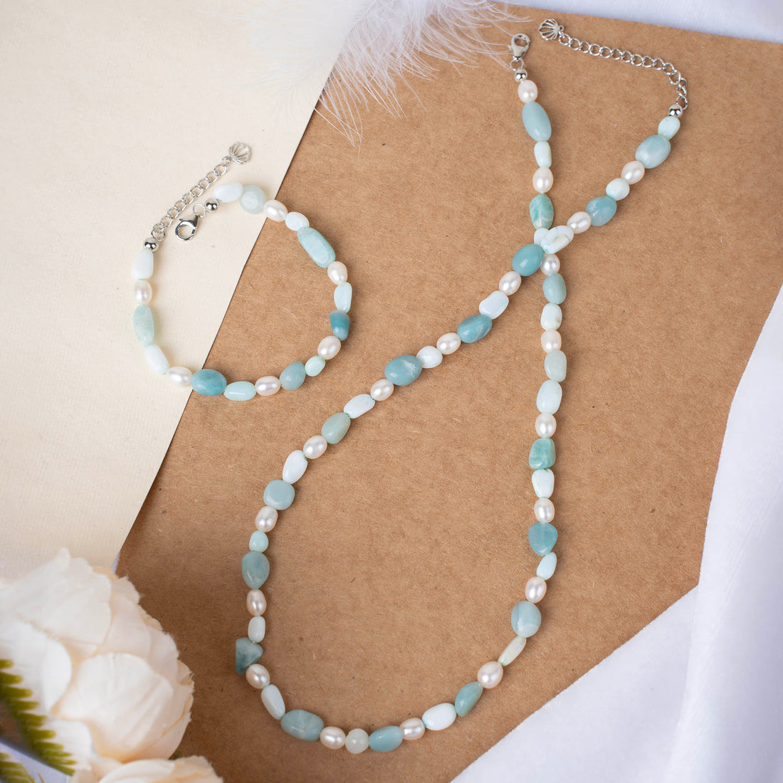 Natural Amazonite and Blue Larimar  with Pearl Necklace