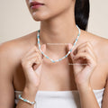 Woman wearing a necklace with natural Amazonite stones and silver clasp, against a neutral background.