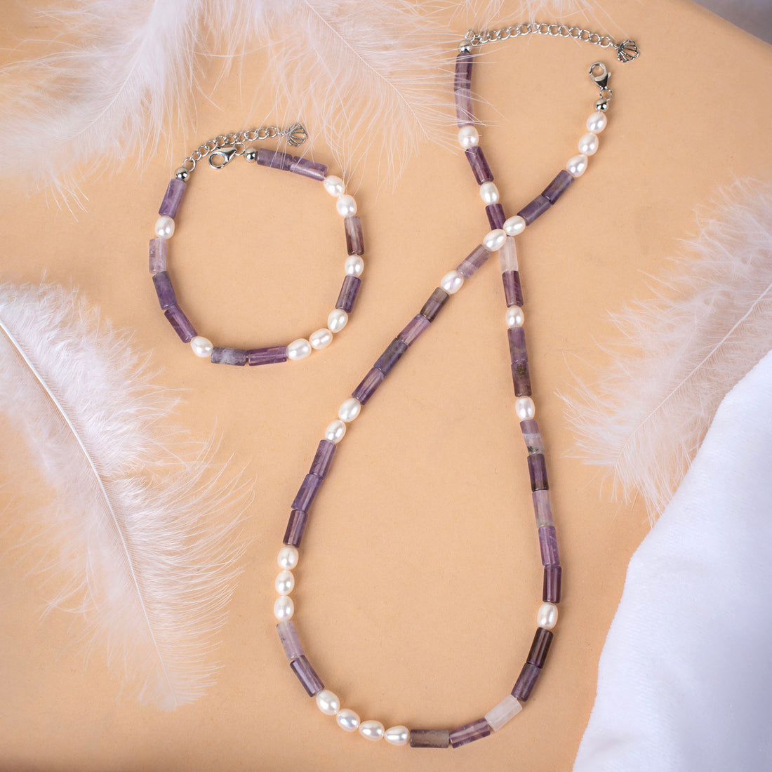 Natural Amethyst Tubes with Pearl Necklace