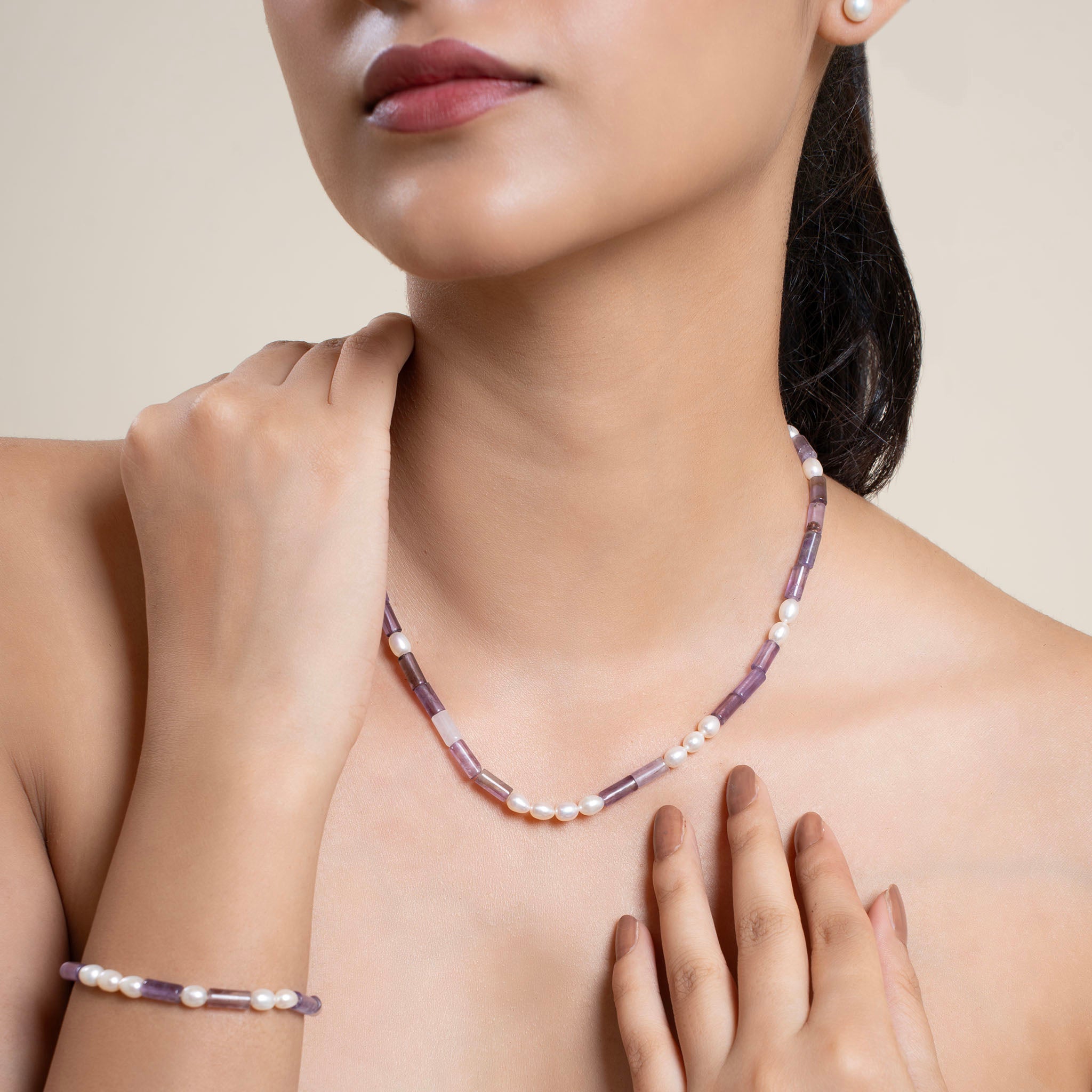 Natural Amethyst Tubes with Pearl Necklace
