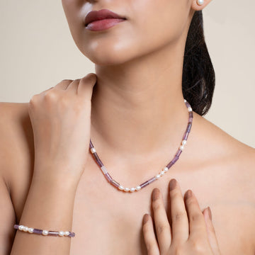 Natural Amethyst Tubes with Pearl Necklace