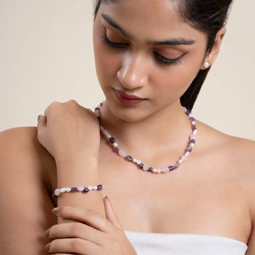 Natural Amethyst, Rose Quartz and Milky White Jade with Pearl Necklace