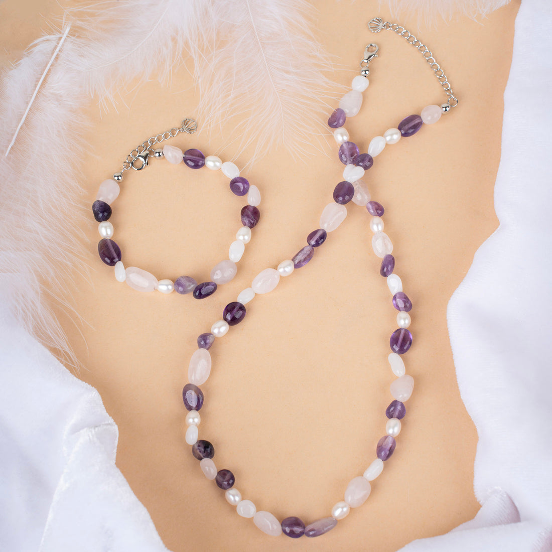 Natural Amethyst, Rose Quartz and Milky White Jade with Pearl Necklace