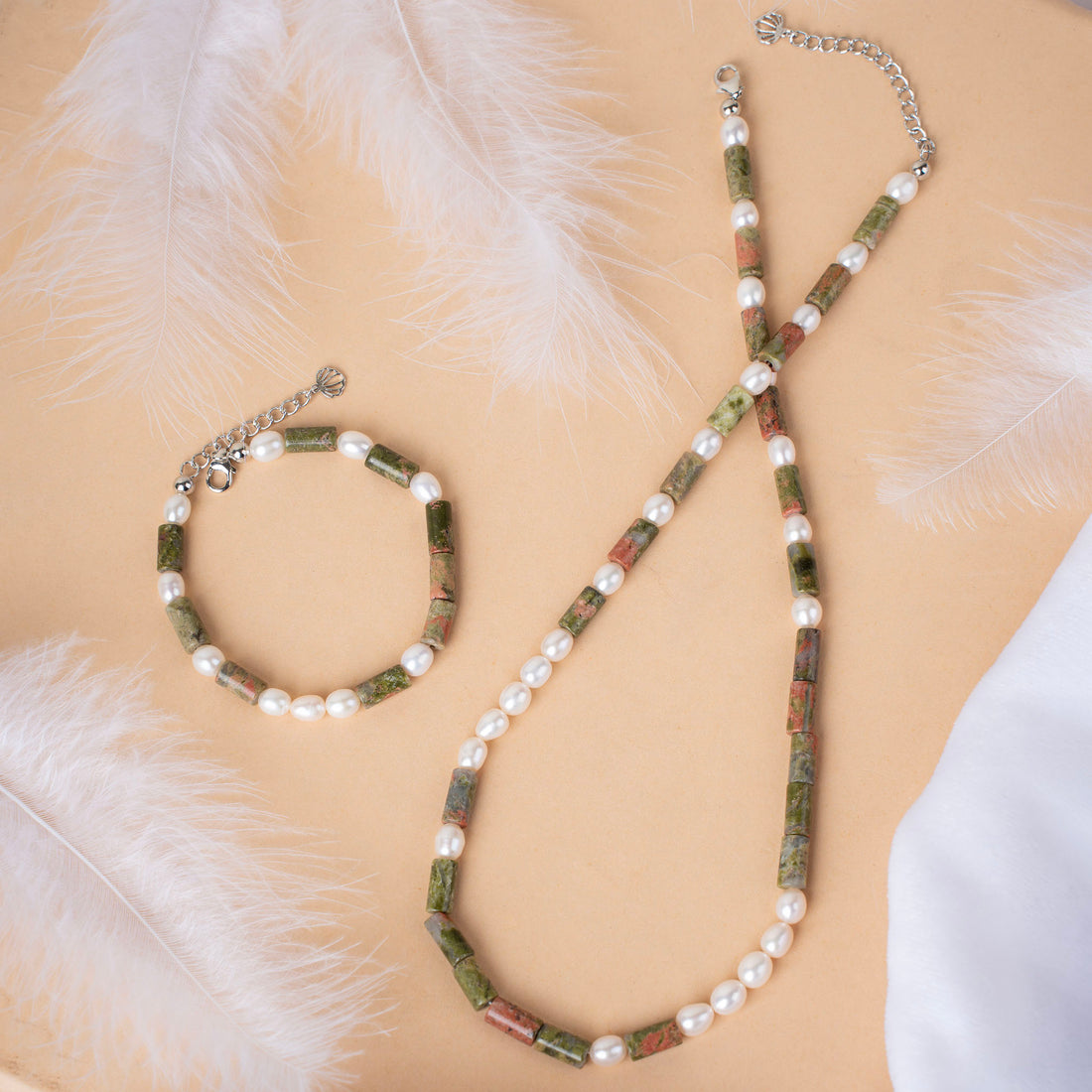 Natural Flower Green Unakite Tubes with Pearl necklace