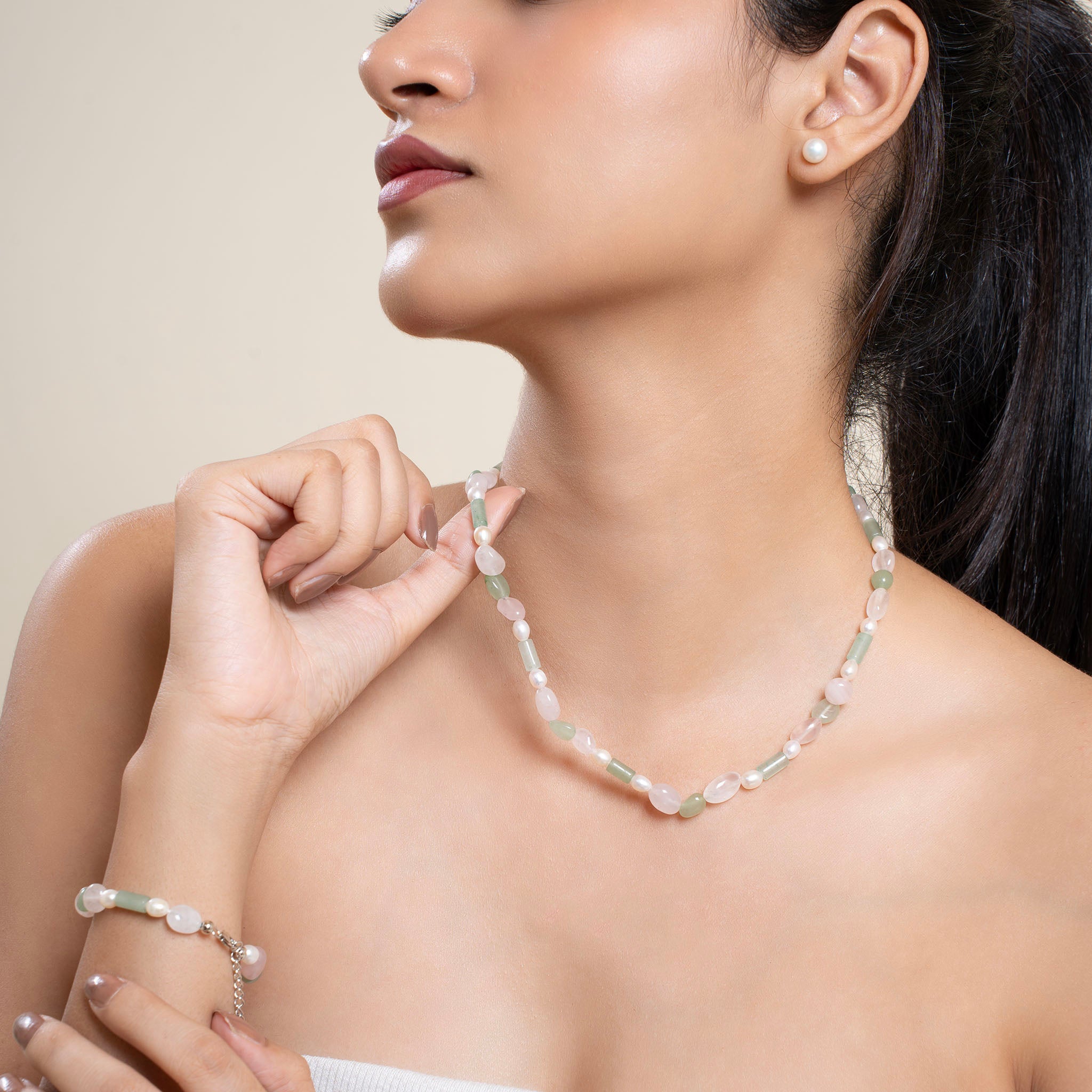 Natural Green Aventurine and Rose Quartz with Pearl Necklace