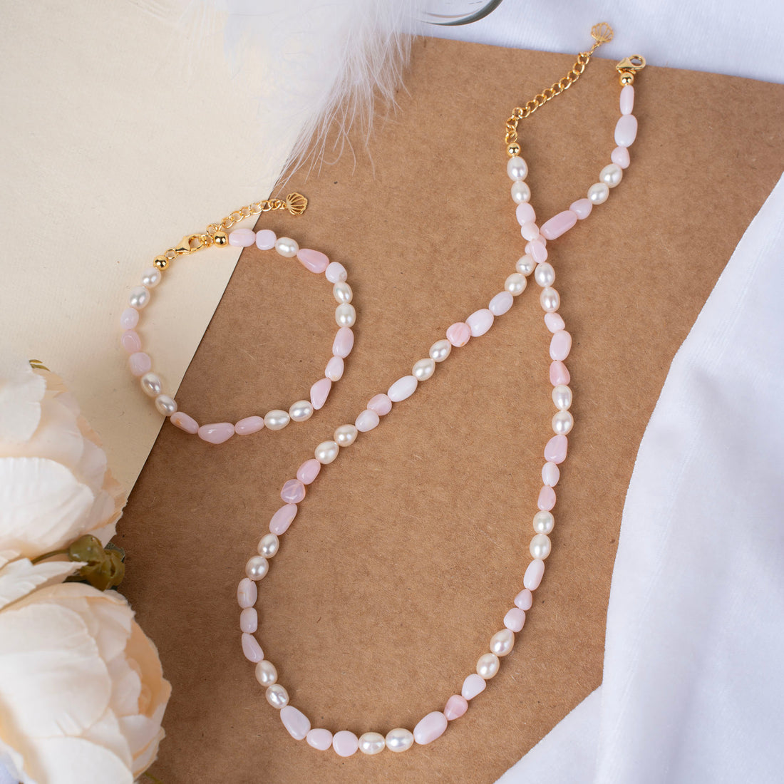 Natural Pink Opal with Pearl Necklace