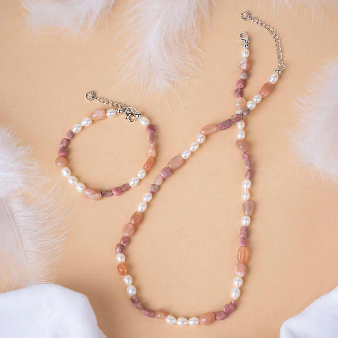 Natural Red Aventurine and Rhodochrosite with Pearl Necklace