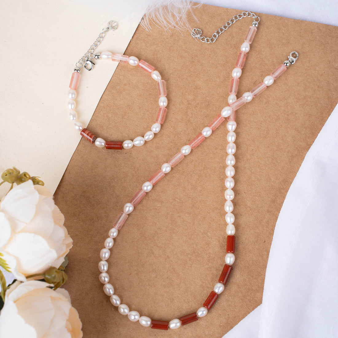 Natural Red Jasper and Rose Quartz Tubes with Pearl Necklace