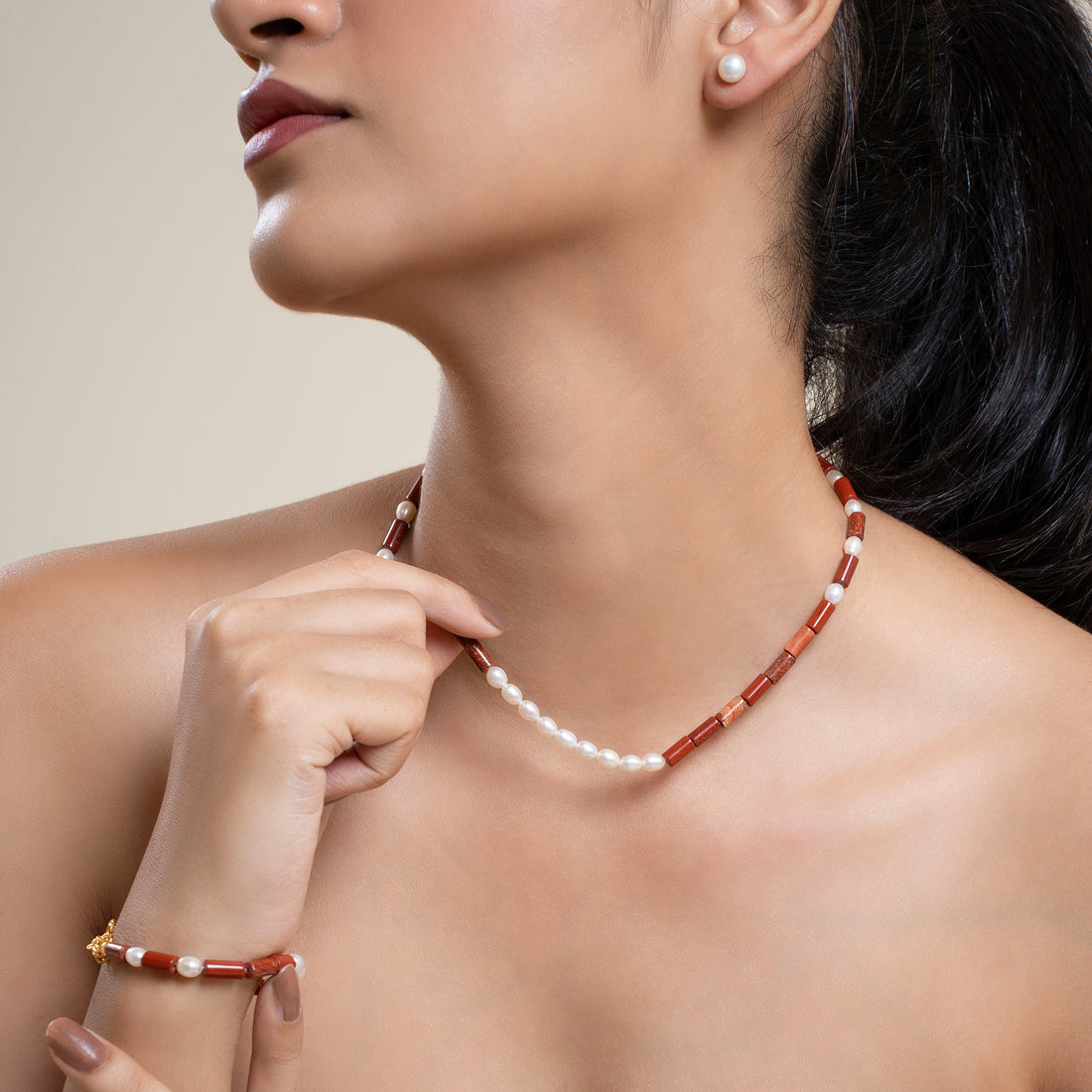 Natural Red Jasper with Pearl Necklace