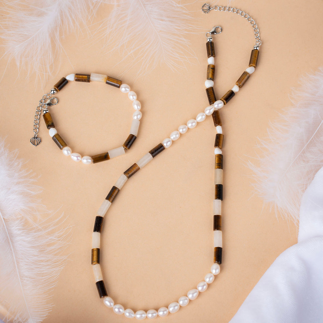 Tiger's Eye, Natural Pink Aventurine and White Coral Smooth Stones with Pearl Necklace
