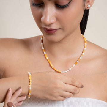 Natural Yellow Calcite and Yellow Jade Tubes with Pearl Necklace