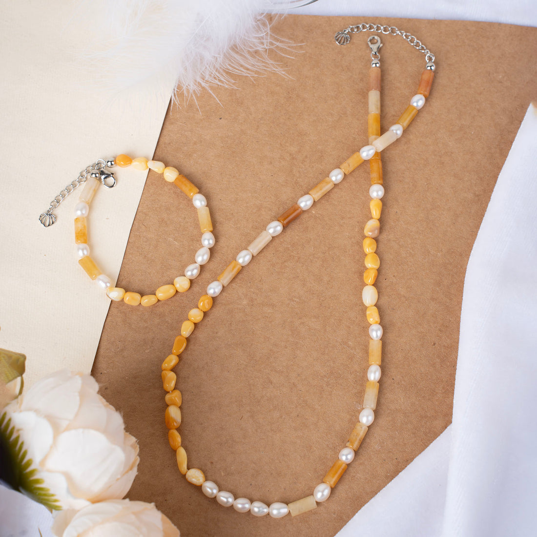 Natural Yellow Calcite and Yellow Jade Tubes with Pearl Necklace