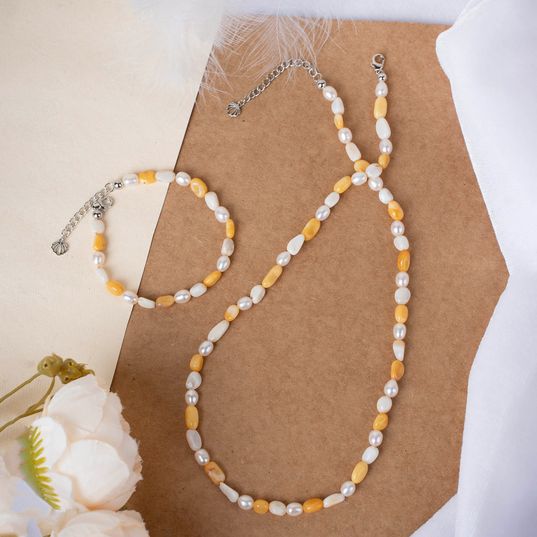 Natural Yellow Calcite and White Coral Smooth Stones with Pearl Necklace