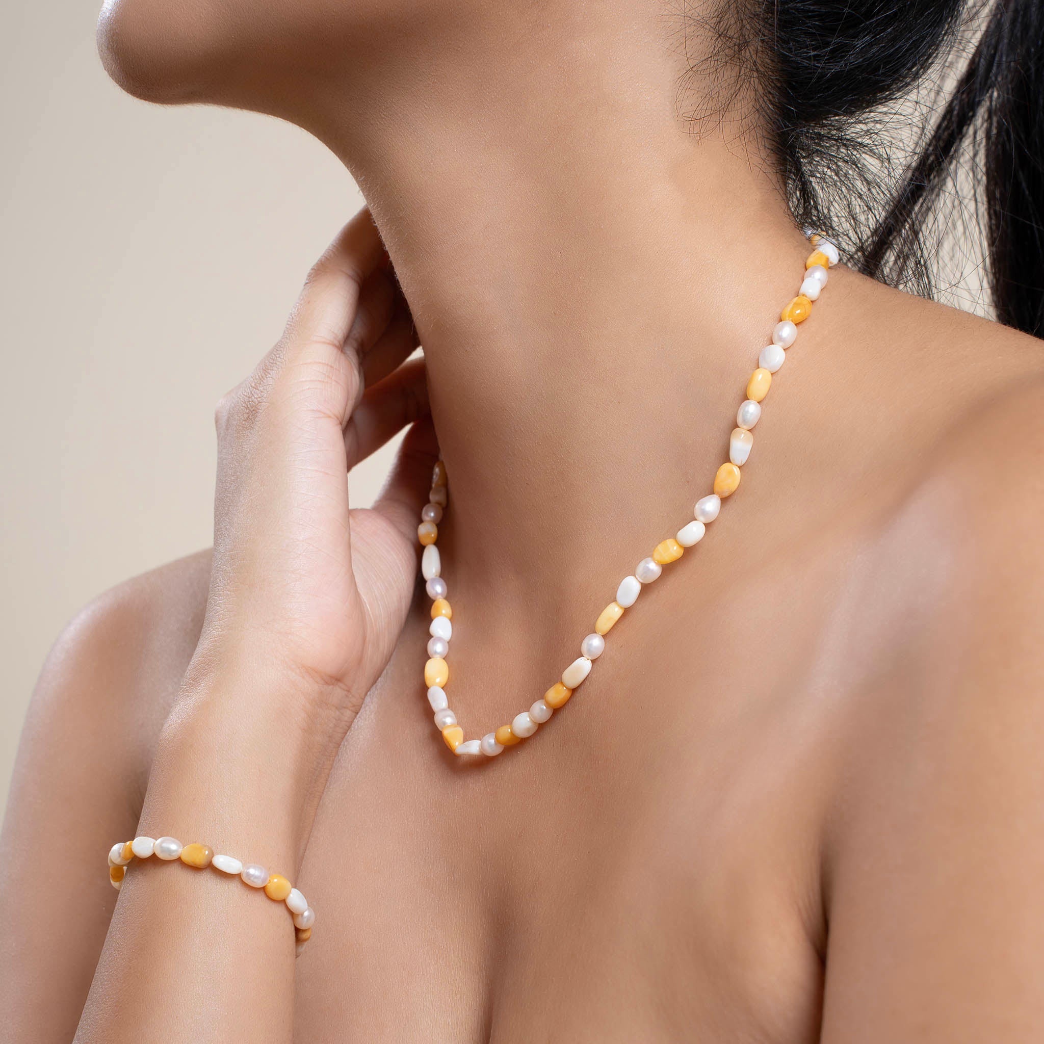 Natural Yellow Calcite and White Coral Smooth Stones with Pearl Necklace