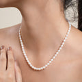 Pearl necklace worn by a person with a neutral background