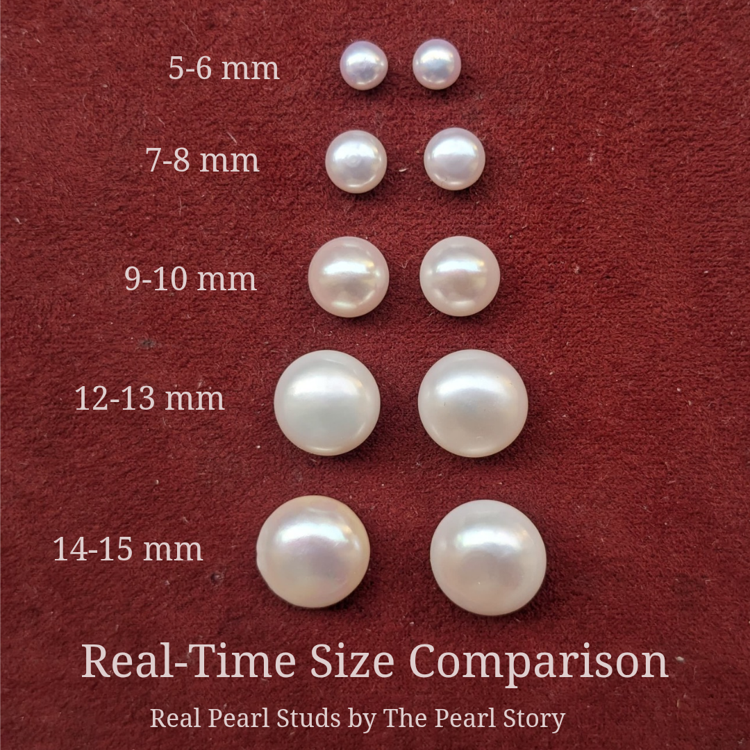 Comparison chart of pearls by size on a red background, labeled 'Real-Time Size Comparison' by The Pearl Story.