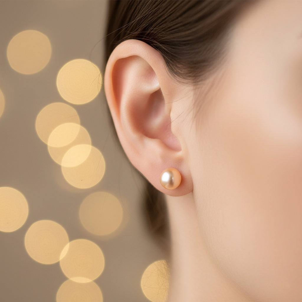 Close-up of an ear wearing a pearl earring with a blurred gold background