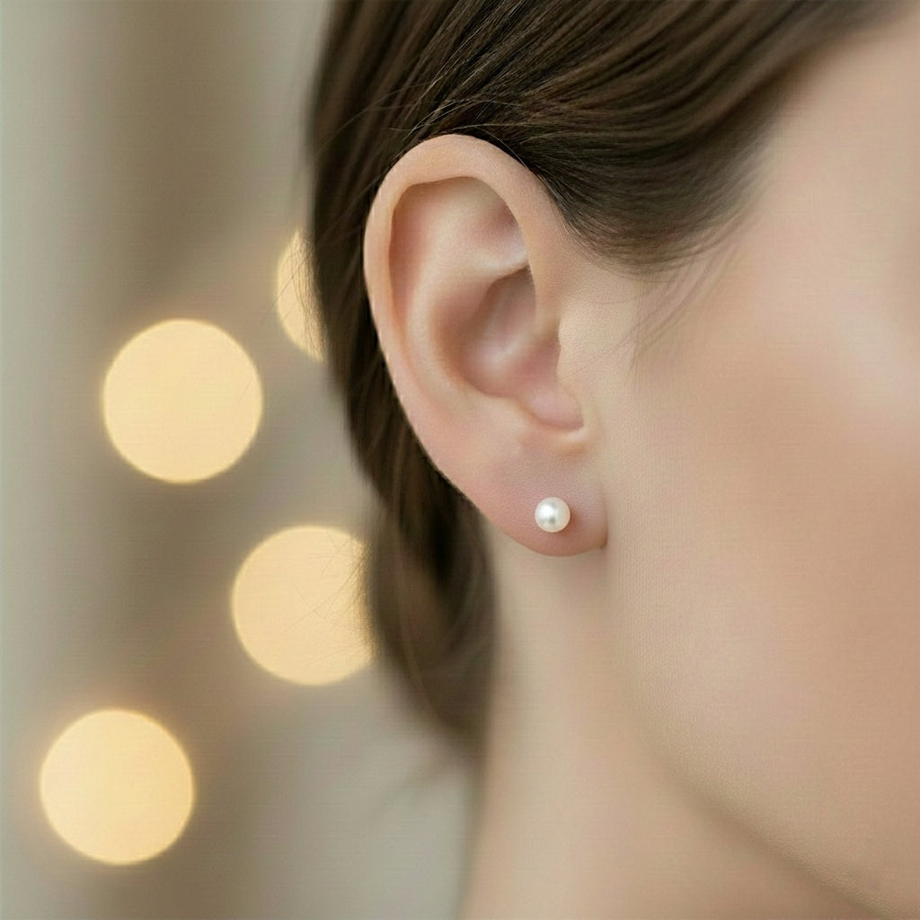 Pearl earrings on a beige background with blurred floral elements