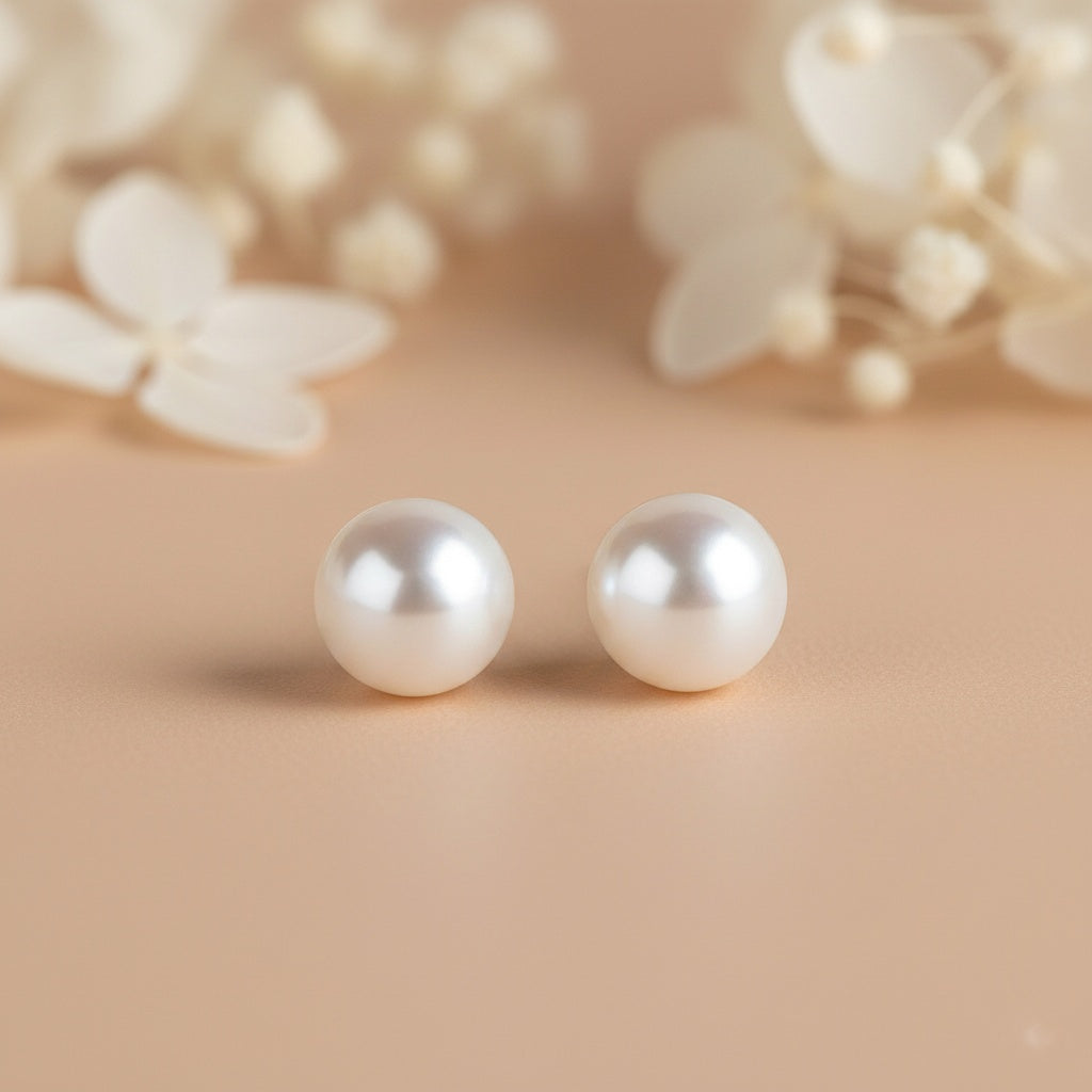 Pearl earrings on a beige background with blurred floral elements