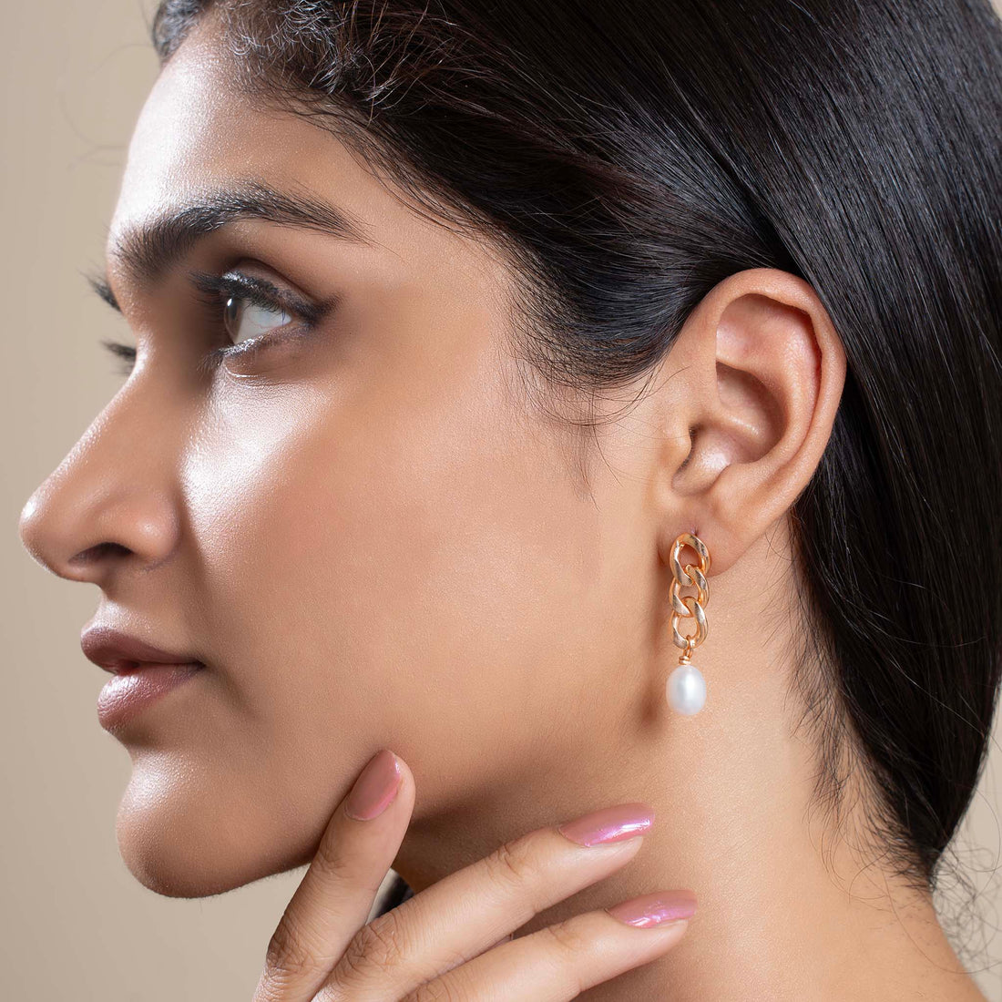 Elegant pearl drop earrings for women closeup model view