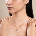 Whispering twin pearl necklace silver front view on model elegant tiny pearl necklace
